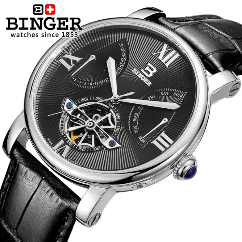Швейцарские часы мужские роскошные брендовые наручные часы Бингер автоматические самовзводные дайвер водонепроницаемые часы с кожаным ремешком BG-0408-2