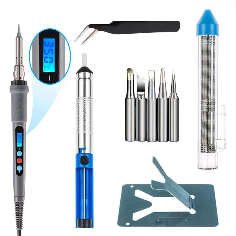 

60w Adjustable Temperature LCD Digital Soldering Iron Kit+5 Tips+Desoldering Pump+Soldering Iron Stand +Tweezers+ Solder Wire