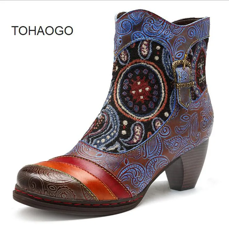 

Fashion handmade leather stitching jacquard craft fashion women's boots big size Winter warm booties mid heel ankle boots boty