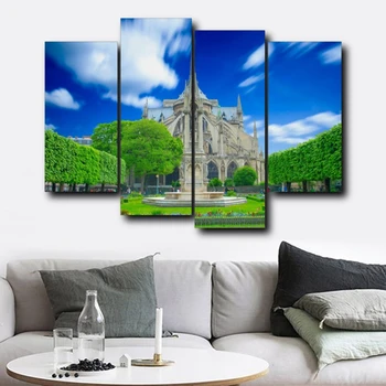 

Laeacco Canvas Painting Calligraphy 4 Panel Green Trees Building Wall Art Posters Prints Nordic Home Living Room Decor
