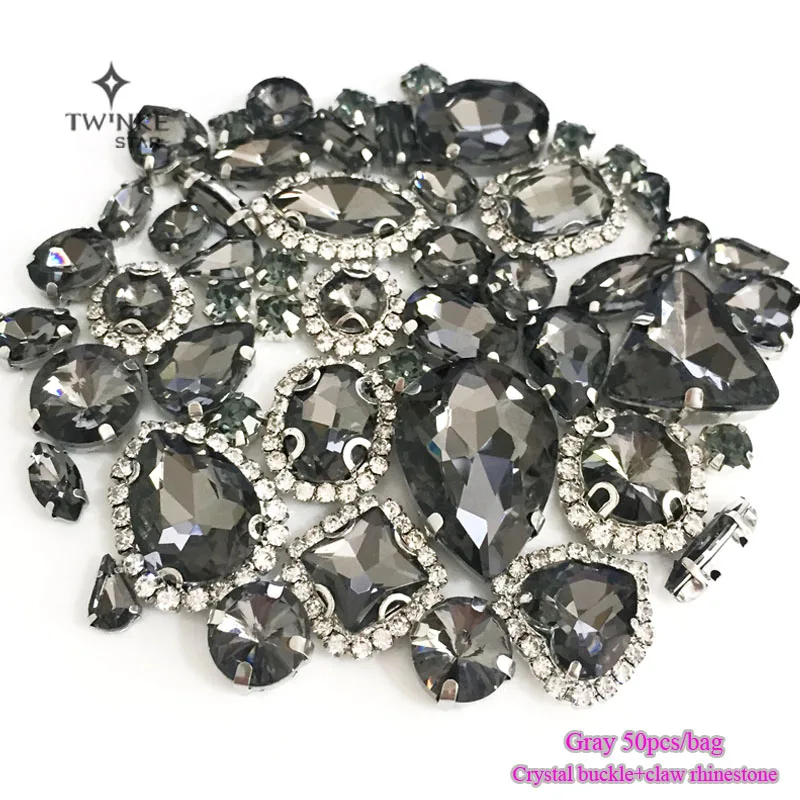 

50pcs/bag Gray color Mix shape Crystal buckle+claw rhinestone,Silver base galss sew on stones diy/Clothing accessories MIXSK03