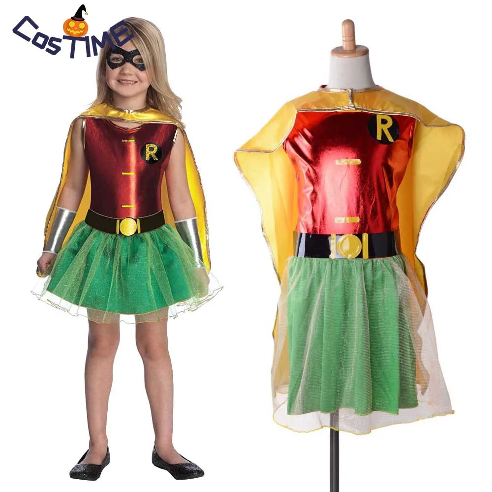 Kids Robin Tutu Dress DC Comics Superhero Robin Girl Costume Outfit with Cloak Mask Batman Hallowee