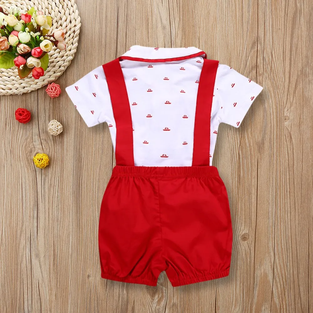 2PCS Baby Rompers Christening Baptism Baby jumpsuit Newborn infant Clothes kids chird Gentleman Boy Suspender Rompers