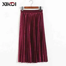 XIKOI Металлические Бархатные плиссированные юбки женские осенне-зимняя уличная мода миди юбка Женская эластичная высокая талия Повседневная юбка
