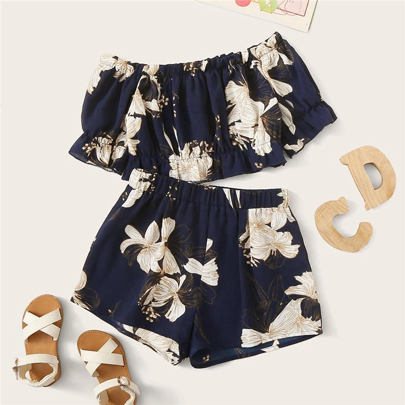 SHEIN/детский комплект одежды для девочек: топ с открытыми плечами и шорты с цветочным принтом в морском стиле, лето, Детский комплект с короткими рукавами для отдыха