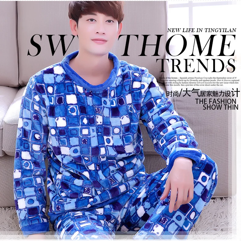 

Men's Sleep Lounge 2pcs Fleece Pajamas Men's Winter Coral Homewear Male Long Sleeve O Neck Sleepwear Pull Over Plus Size D-2081