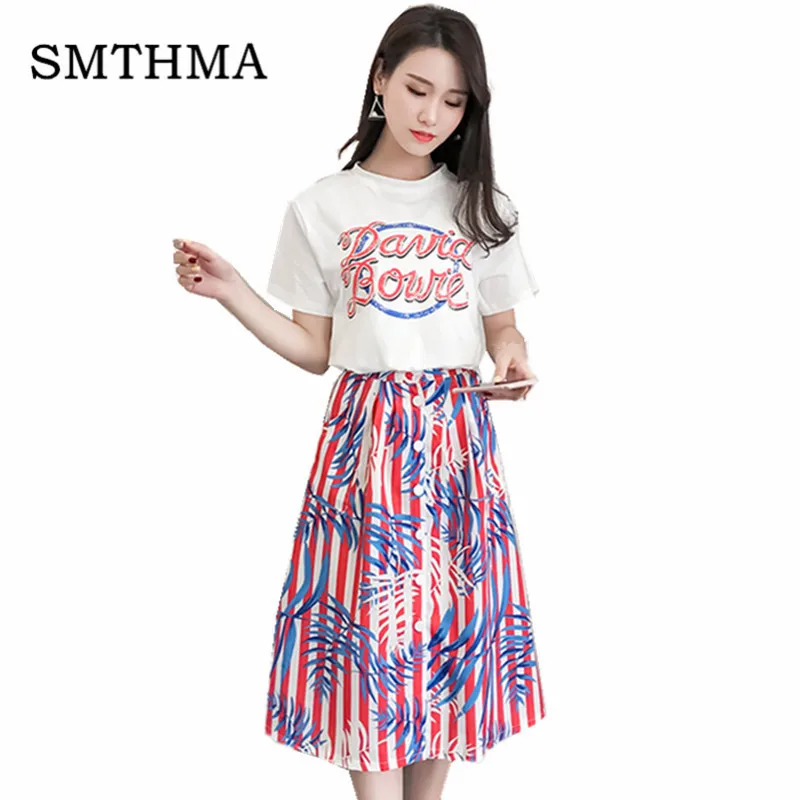 

Runway Women 2 Piece Set Letter O-Neck White T Shirt + High Waist Single breasted stripe Printing Elastic waist Skirt Suit
