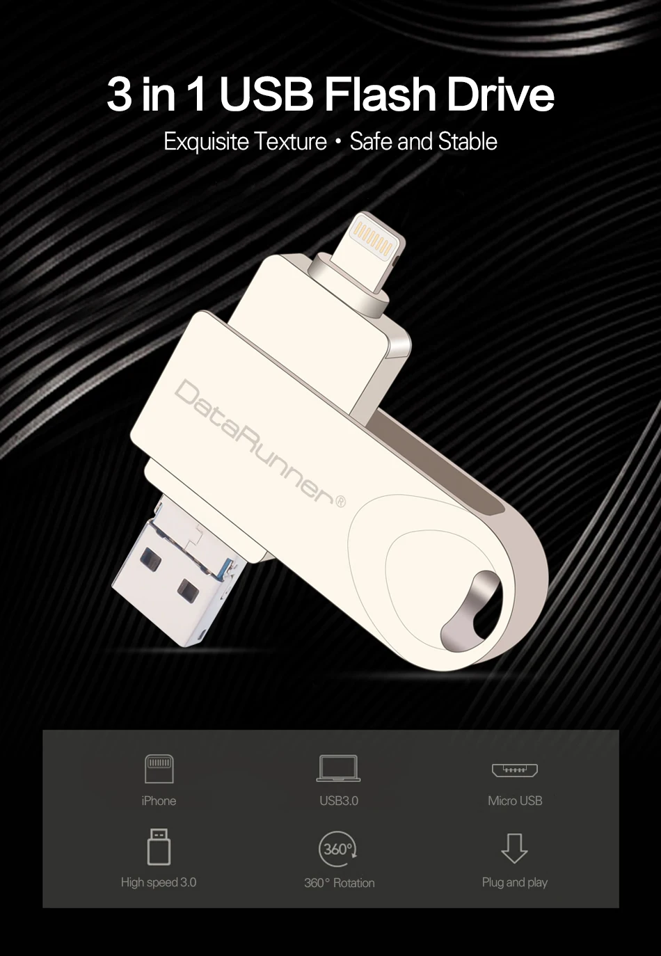 DataRunner OTG USB флеш-накопитель для iOS/Android/PC 3 в 1 микро Usb флешка 3,0 128 Гб 64 ГБ 32 ГБ 16 ГБ флэш-диск флешка