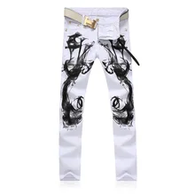 Man White Printed Jeans 2016 New Mens Trousers Tide Male White Jeans Birds Series Leisure Pants
