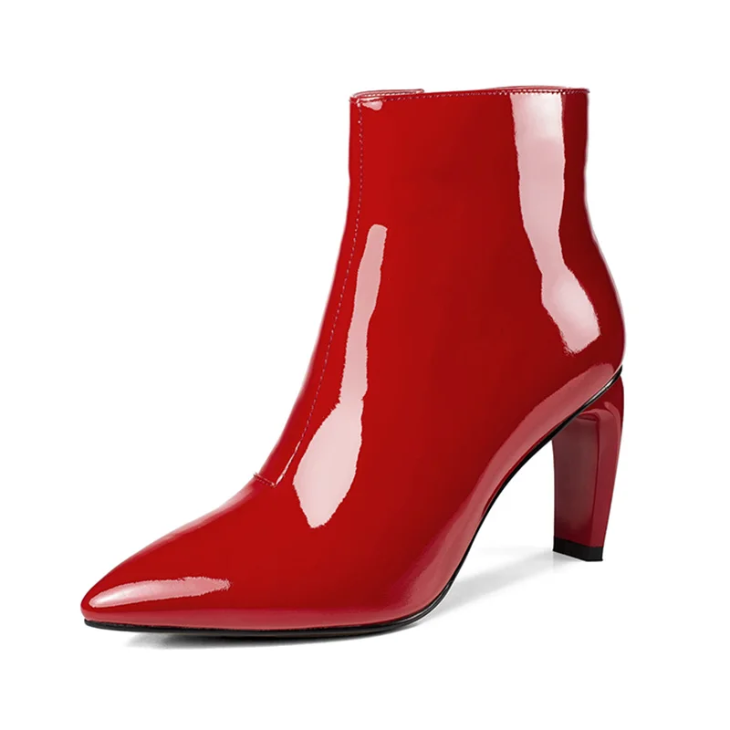 ISNOM/женские ботильоны из лакированной кожи; обувь с острым носком; женские ботинки на молнии; необычная обувь на высоком каблуке; женская зимняя обувь; Новинка года - Цвет: red