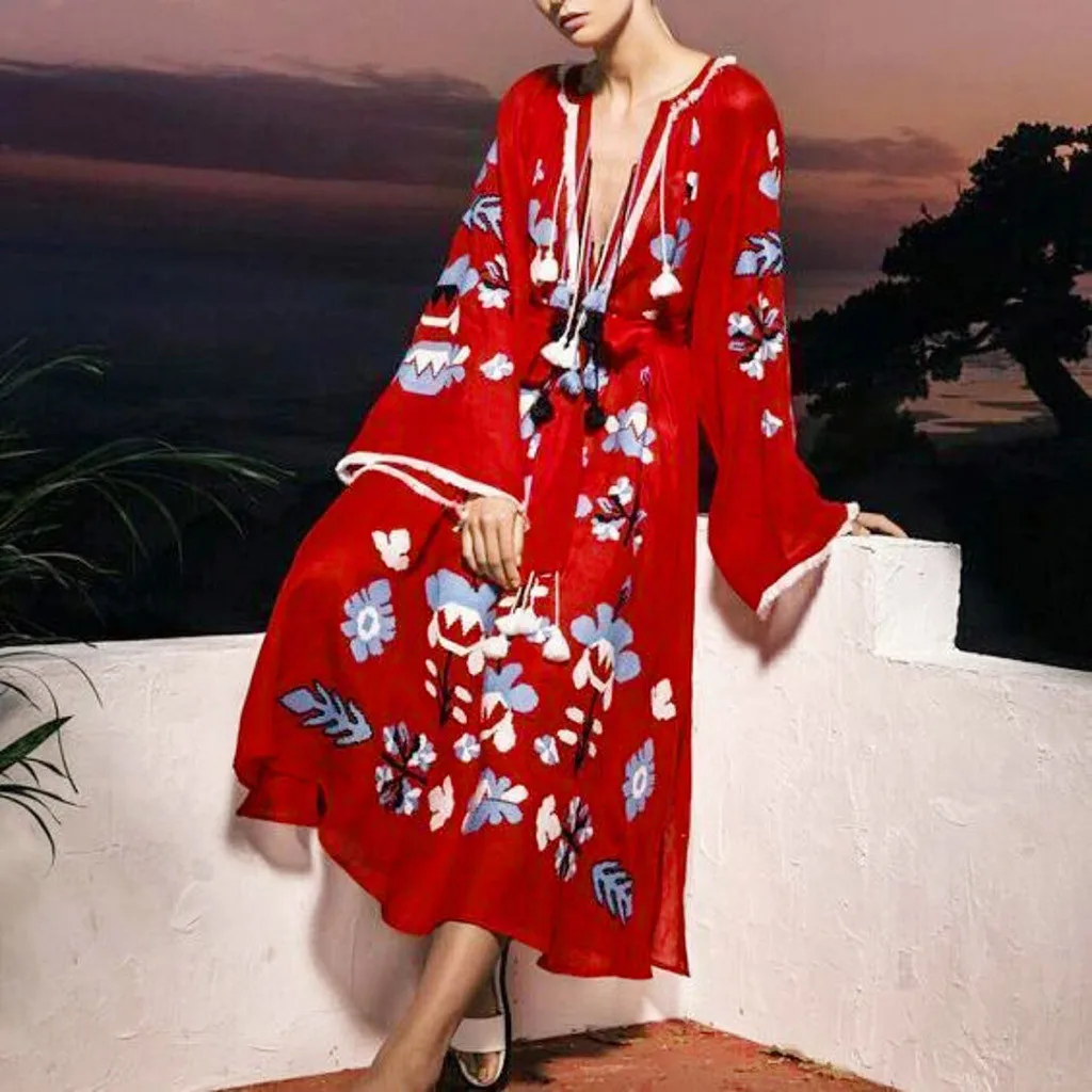 

Summer dresses casual women Long dress vestidos de verano Bohemian Style Long Sleeve Loose Printed Tassel Summer Dress T507