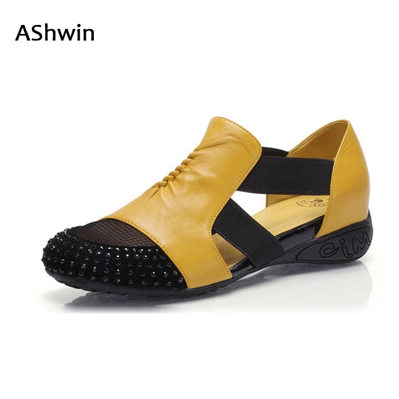 AShwin women loafers rhinestones genuine leather summer sandals flats soft footwear boat shoes woman cutouts oxford
