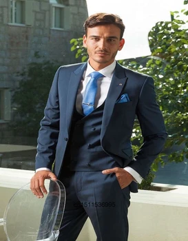 

Hot Sale Man Suit Blue Jacket For Wedding Suits 1 Button Groom Tuxedos Groomsmen Suits Man Clothes (Jacket+pants +vest)