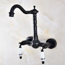 

Black Oil Rubbed Bronze Wall Mounted Bathroom Kitchen Sink Faucet Swivel Spout Mixer Tap Dual Ceramics Handles Levers anf860