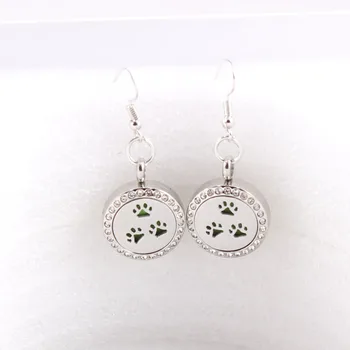 

Stainless Steel Essential Oil Diffusing Rhinestones Locket Earrings Perfume Aromatherapy Locket Dog Paw Earrings For Dog Lover