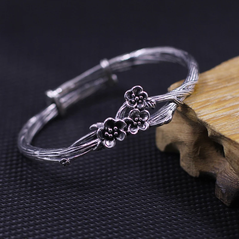 Женский винтажный браслет из серебра 100% пробы с цветком сливы|bangles for women|bangle 925bangle