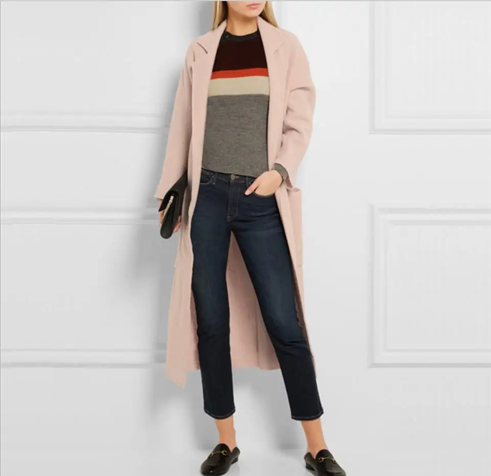 2018 зимнее модное женское розовое шерстяное пальто с отложным воротником с поясом тонкая элегантная ветровка шерстяное пальто плюс размер