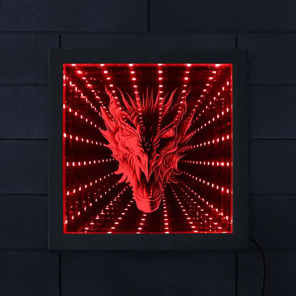 Mythical Dragon Head 3d Infinity Mirror Wood Frame Gothic Dragon