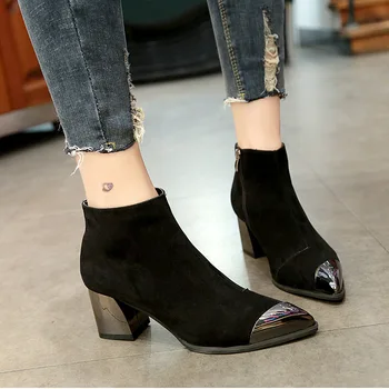 

2019 autumn Europe United States tide bright face pointed suede high heel thick with side zipper women's boots Martin boots