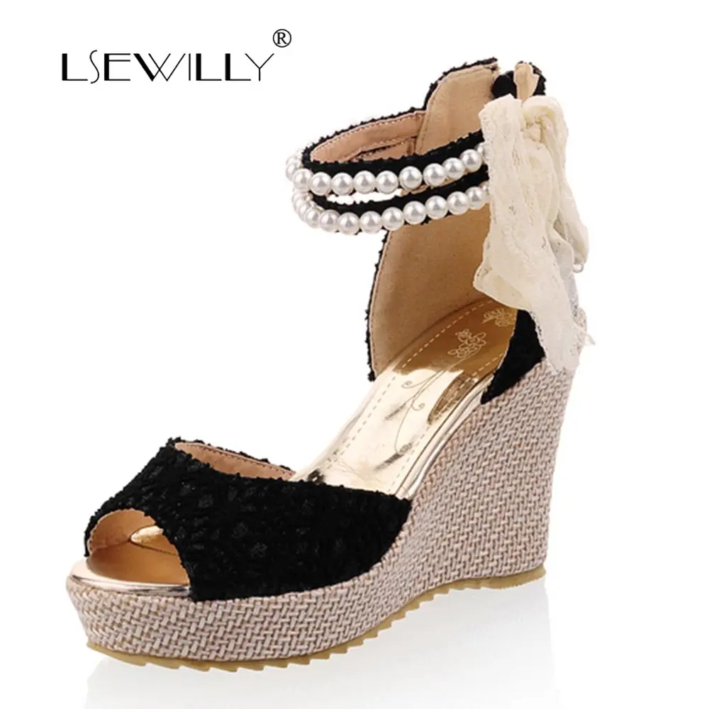 

Lsewilly Women Sandals Summer New Sweet Flowers Zipper Open Toe Wedge Sandals Floral high-heeled Shoes Black Beige Shoes S023