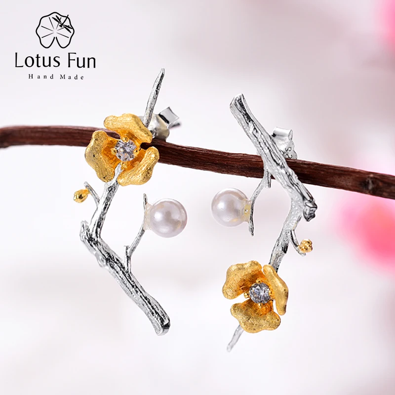 Ceny Lotus Fun prawdziwe 925 srebro kolczyki Handmade projektant biżuterii Delicated Plum kwiat spadek kolczyki dla kobiet