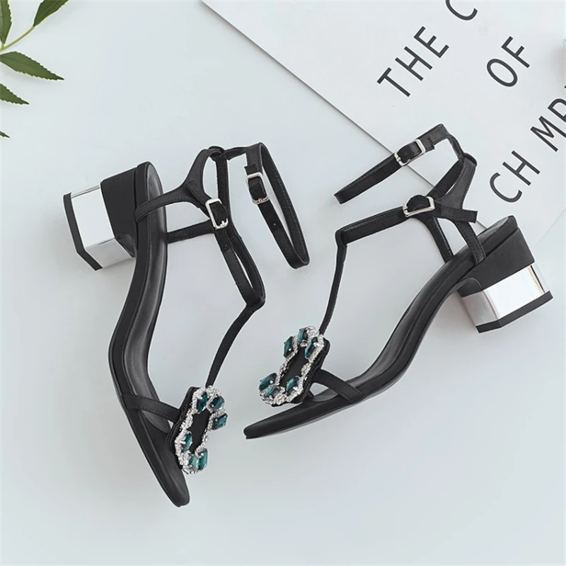Sandales Sangle pu Hauts De Boucle Soie Haute Apricot Peep Toe Carré Cristal Talons Ouqinvshen Ciel Mode Bleu Talon noir Femmes Noir D'été E8aPnwRvqF