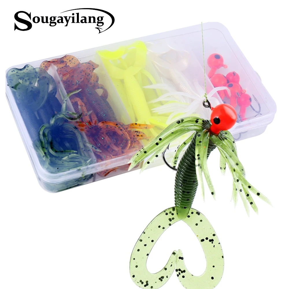 

Sougayilang 12pcs Fishing Lure and 6pcs Hook with Box Kits Fishing Hook Carp Worm Soft Lure Combo Artificial Bait Set Accessorie