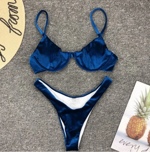

New Women Velvet swimsuit bikini set Sexy Triangle Padded biquinis 2pcs Summer solid Push-up bra low waist Vintage beach bathing