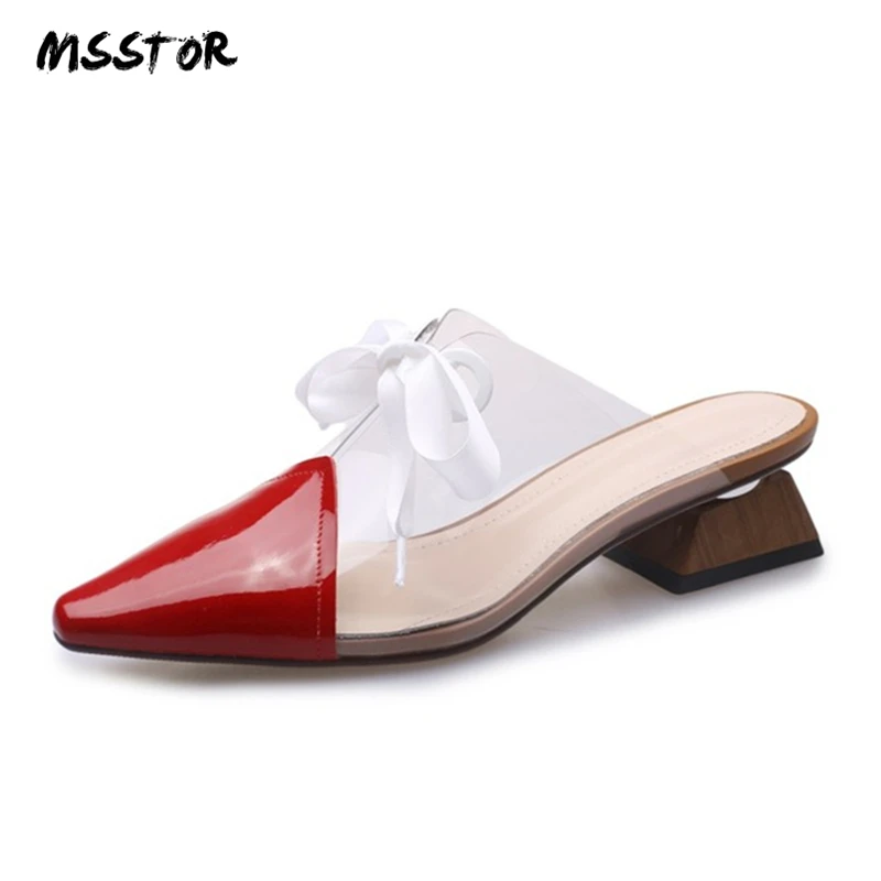 

MSSTOR Transparent High Heel Mules Lace-Up Spike Heels Party Sexy Fashion Summer Slippers Square Toe Red Slippers Women 2019