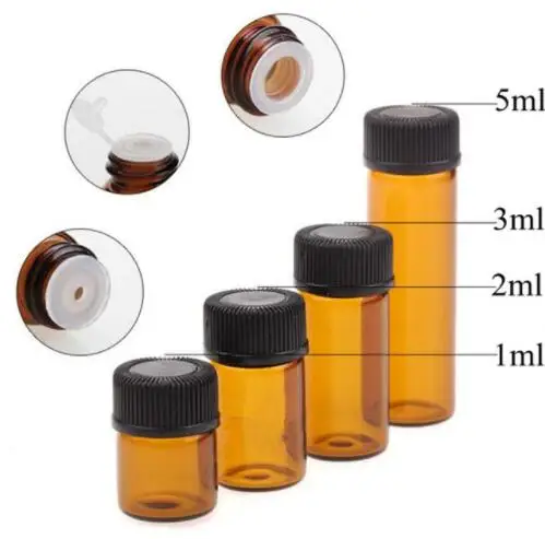 5pcs 1ml 2ml 3ml 5ml Mini Amber Liquid Glass Bottle with Orifice Reducer and Cap Small Essential Oil Vials Glass Jars Bottles
