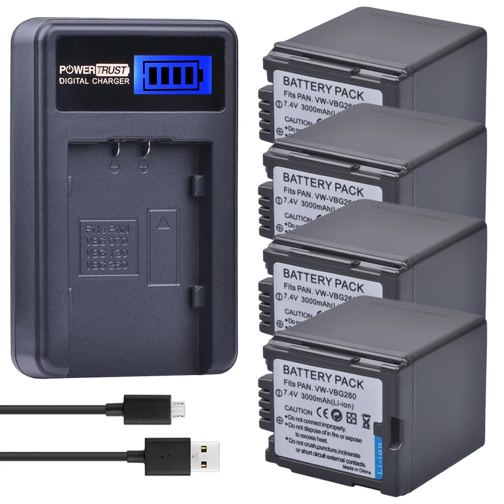 

4x 3000mAh VW-VBG260 VW VBG260 VBG260 Camera Battery + LCD USB Charger for VDR-D310 VDR-D50 VDR-D51 AG-AC7 AG-AF100 HDC-HS250