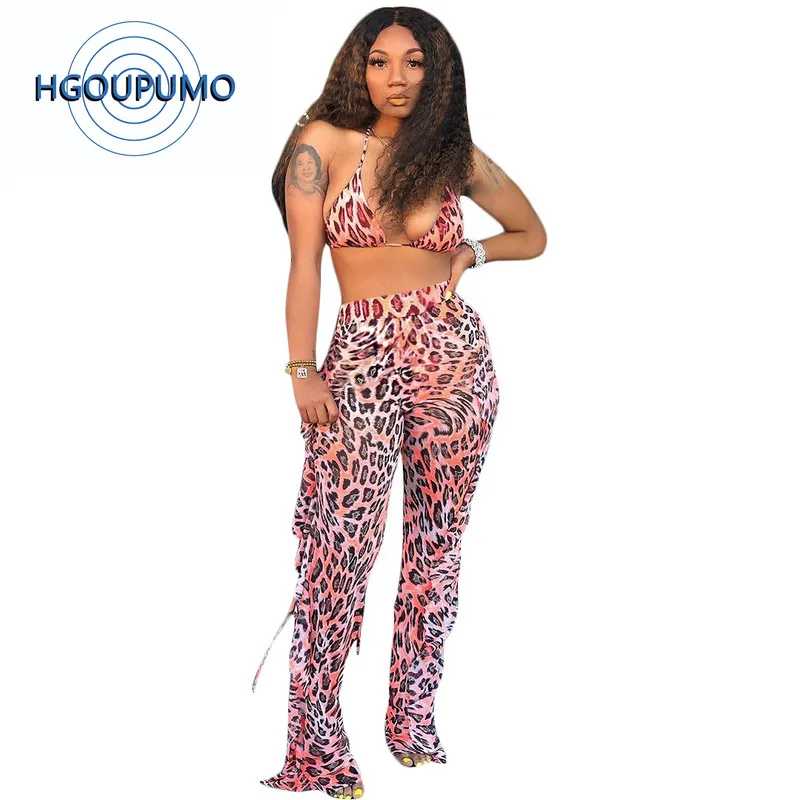 

Leopard Tie Dye Print Sexy Two Piece Set Tracksuit Women Halter Backless Crop Top And Mesh Ruffles Straight Pant Beach Outfits