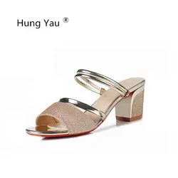 Hung Яу обувь для женские босоножки высокий каблук Bling Золотистые босоножки в римском стиле Летние стильные туфли-лодочки шлепанцы со