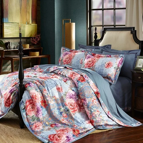 Green blue floral jacquard Luxury cotton bedding sets queen king size