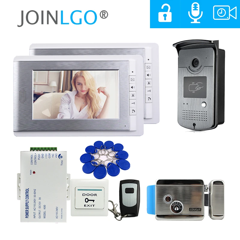 Бесплатная доставка проводной 7 "видеодомофон домофон система 2 монитора + RFID дверная камера доступа + Электрический замок управления в