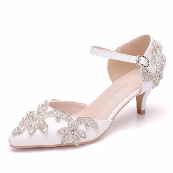 

New Arrival Summer White Rhinestone Crystal Bridal Shoes Wedding Shoes Female Sandals 5cm Party Pumps Shoes XY-A0218