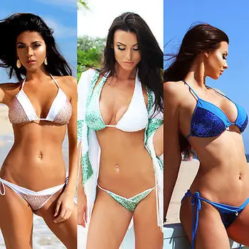 

Sexy Women's Sequins Halter Bandage Bikini Set 2017 Summer Push-up Padded Bra Swimsuit Bathing Suit Swimwear New