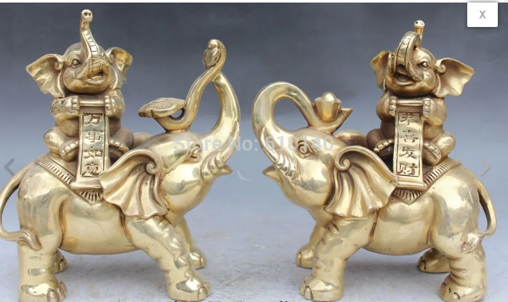 

19" Chinese Bronze Wealth Yuanbao Auspicious Elephant Heffalump Ruyi Statue Pair