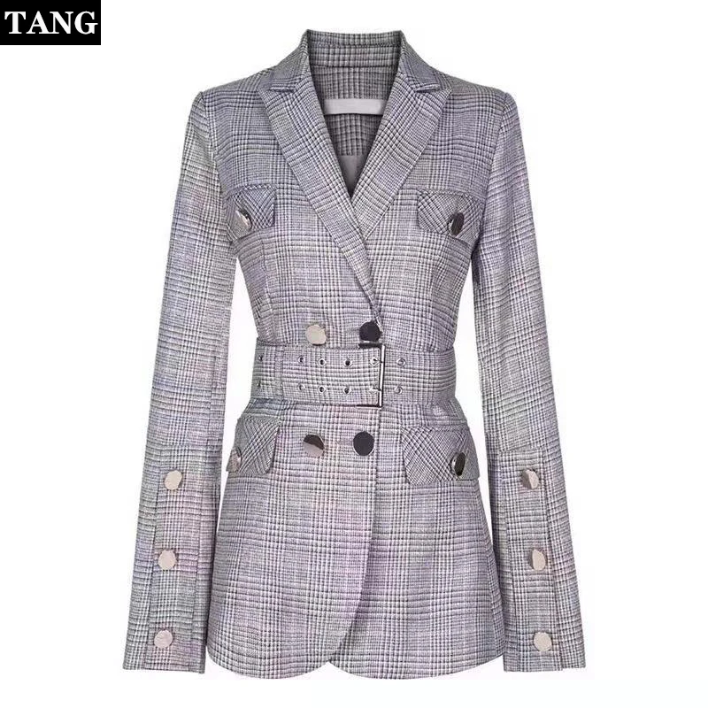 

2019 Autumn Slim Lapel Plaid Suit Double Breasted Office Ladies Tweed Blazer Women Casual Long Sleeve With Belt Waist Coat Top