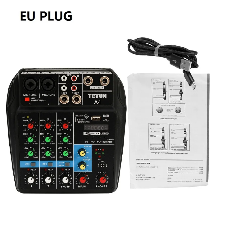 TU04 BT микшерный пульт записи 48 В Phantom power Monitor AUX Paths Plus Effects 4 канала аудио микшер с USB - Цвет: EU PLUG