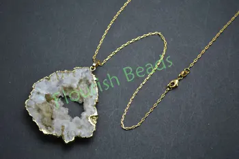

Freeform White Drusy Geode Quartz Slice Pendant Linked Chains Necklace