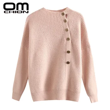 

OMCHION Pull Femme 2019 Autumn Winter Women Sweaters And Pullovers Korean Irregular Neck Button Thick Knit Loose Jumper LMY123