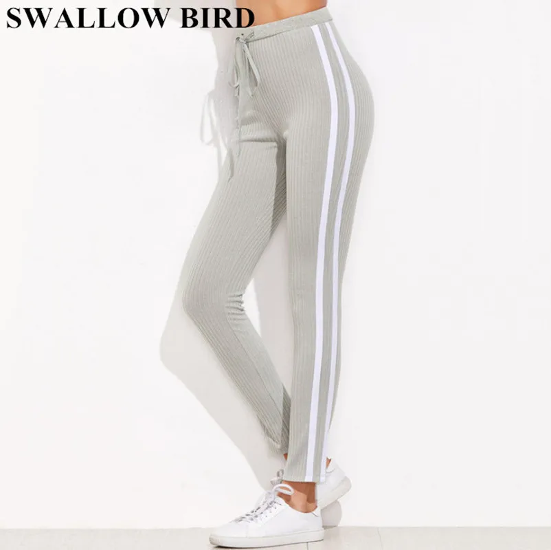 2018 New Striped Workout Casual Pants Women Grey High Waist Skinny Lace-up Leggings Knit Sweatpants Sexy Elastic Trousers Femme 2018 New Striped Workout Casual Pants Women Grey High Waist Skinny Lace-up Leggings Knit Sweatpants Sexy Elastic Trousers Femme