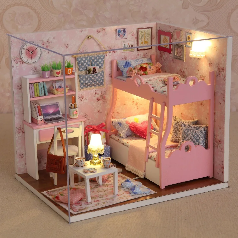 

DIY Miniature Scene Dollouse Toys With Furnitures LED Light Dust Cover for Children Assembly Wooden Model Creative Doll House