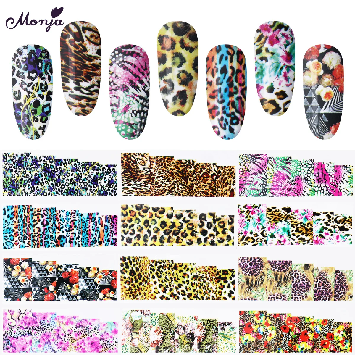 

Monja 12 Sheets/set Nail Art Leopard Flower Series Mixed Design Water Transfer Foil Decals Stickers DIY Decoration Tips