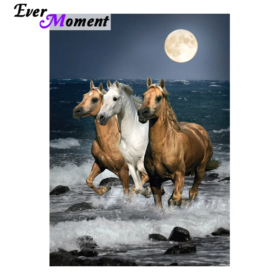 Алмазная живопись Ever Moment 5D, сделай сам, лошади, вода, луна, Декор, Стразы ручной работы, полная квадратная Алмазная вышивка, мозаика 3F1107