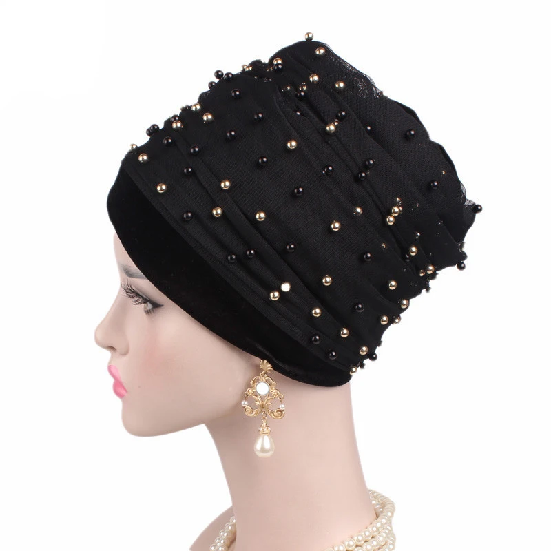 AWAYTR, новинка, бархатный нигерийский длинный тюрбан, повязка на голову с бусинами и жемчужинами, Экстра мусульманский шарф для женщин, тюрбан, головные уборы, хиджаб, головной платок