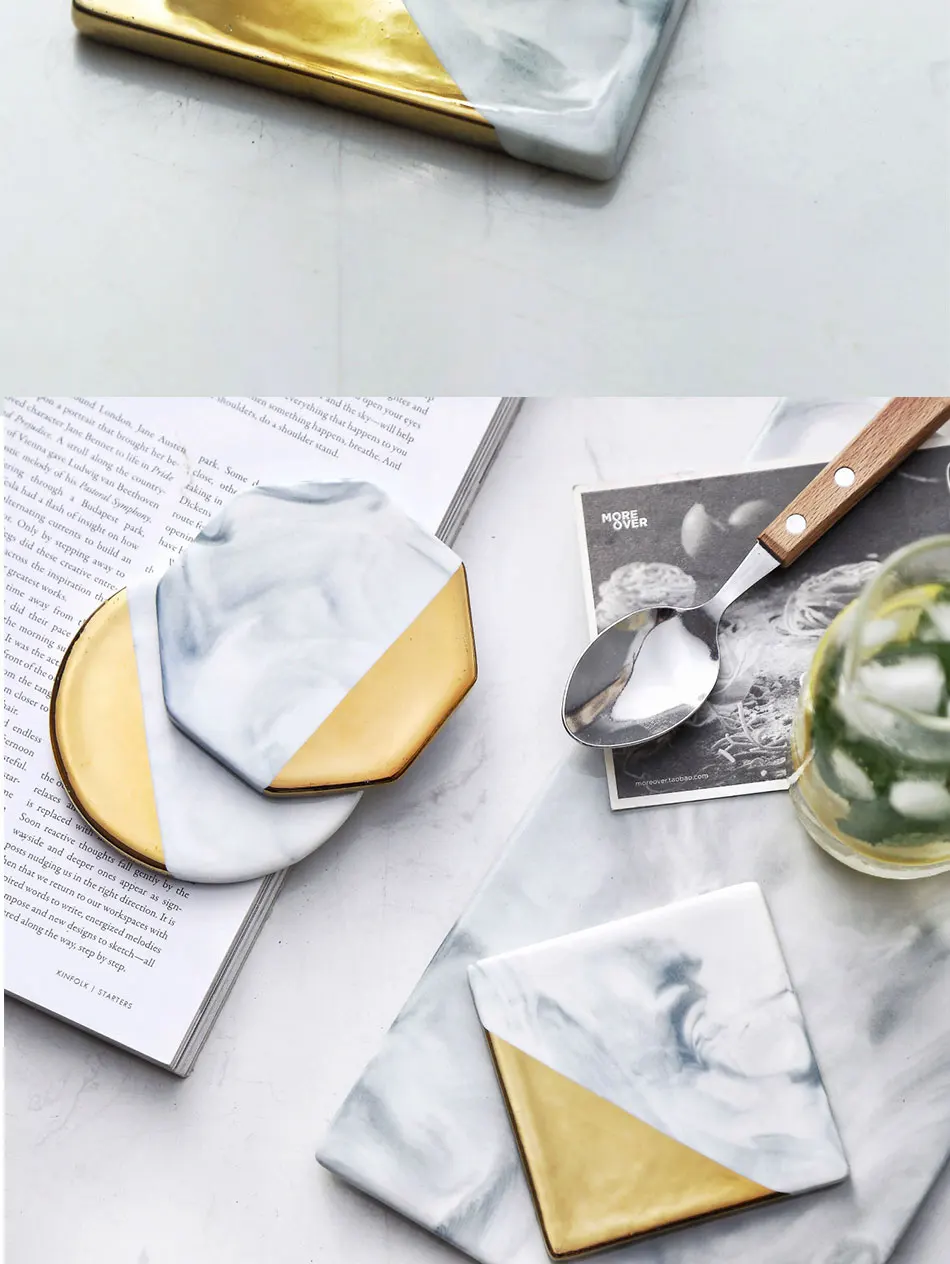 Description Picture 6 of itemCreative Marble Ceramic Gold Plating Coaster Cup Mats Waterproof Heat-insulated Home Decoration Desktop Chic Table Placemat