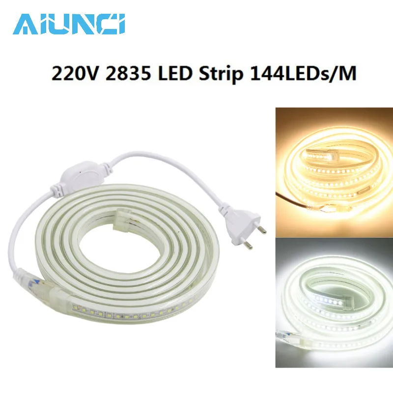 cheap Waterproof 220V Led Strip 2835 144Leds M With EU Power Adapter Flexible LED Tape Ribbon outdoor 1M 2M 5M 10M 15M 20M