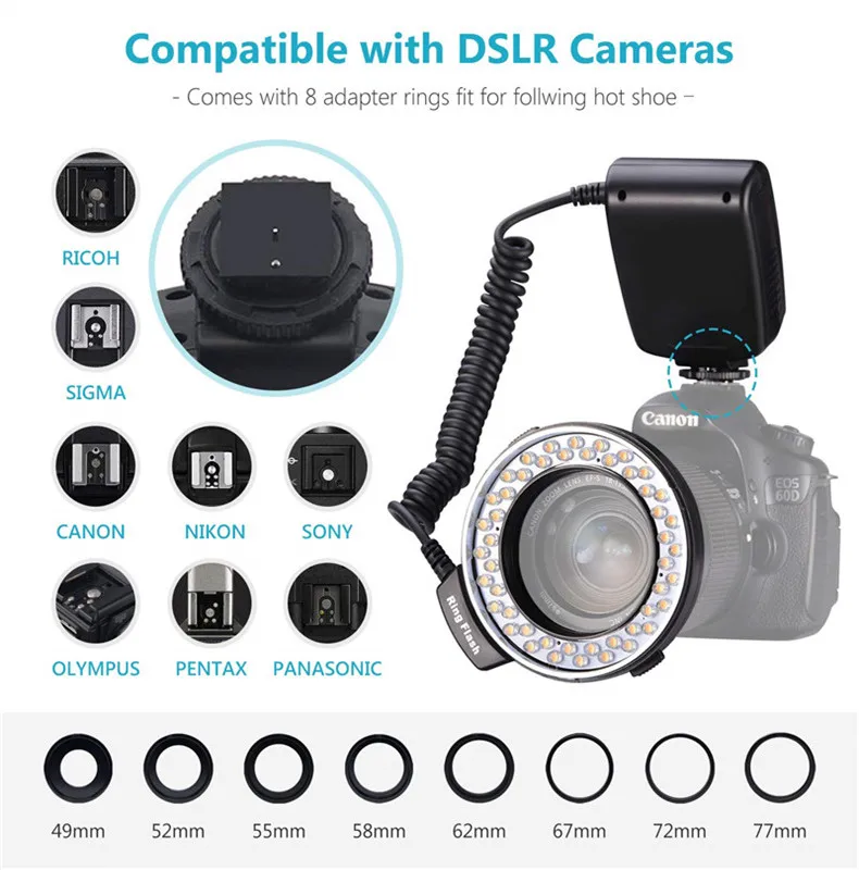 48 макро светодиодный комплект вспышки кольца с ЖК-дисплеем блок управления питанием кольца рассеиватель света для Canon 650D 600D 550D Nikon D5000